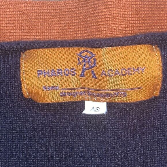 Pharos Academy Adult Small School Uniform Cardigan Sweater Navy Blue Orange - Picture 2 of 6